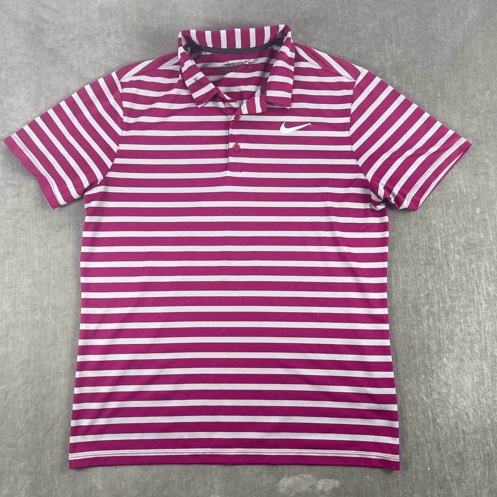 Nike Men M Magenta White Striped Golf Polo Dri-FIT Short Sleeve Shirt